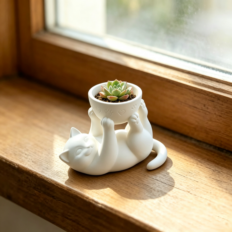 Echeveria Succulent - Милая статуэтка лежащего кота-держателя для суккулентов,